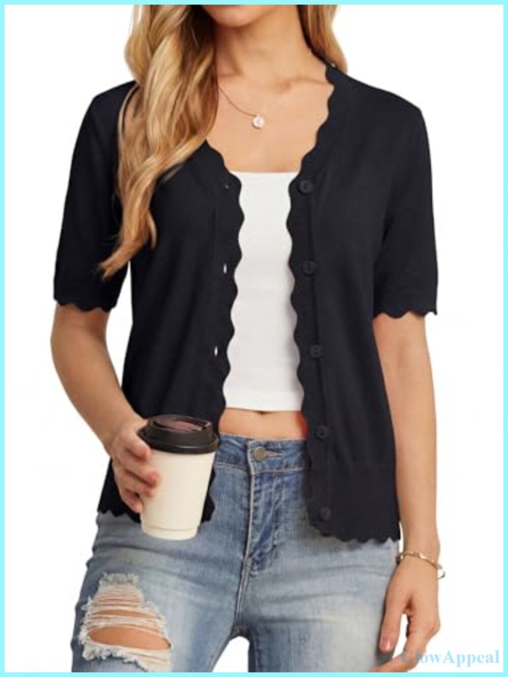 Women's Short Sleeve Cardigan Sweater Lightweight Knit Scalloped Edges